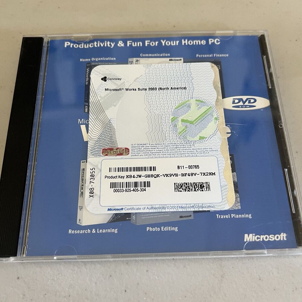 MICROSOFT Works Suite 2003 DVD Rom Gateway Research Editing Finance Organization